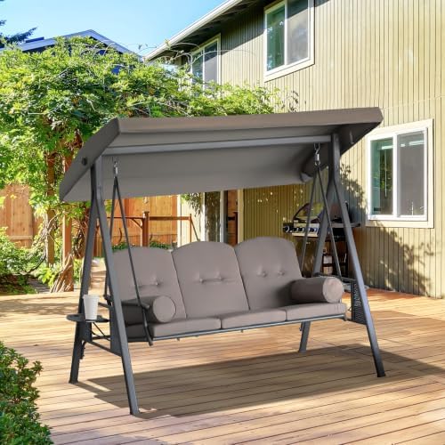 Outsunny 3-Seat Patio Swing Chair Adjustable Canopy Brown - Image 2