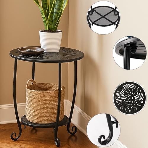 2-Tier Metal Round Side Table Set of Two Black Accent Coffee Tables Small Space - Image 4
