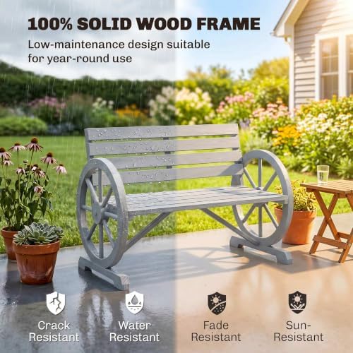 Outsunny 41" Wooden Outdoor Bench Rustic Wagon Wheel Light Gray - Image 4