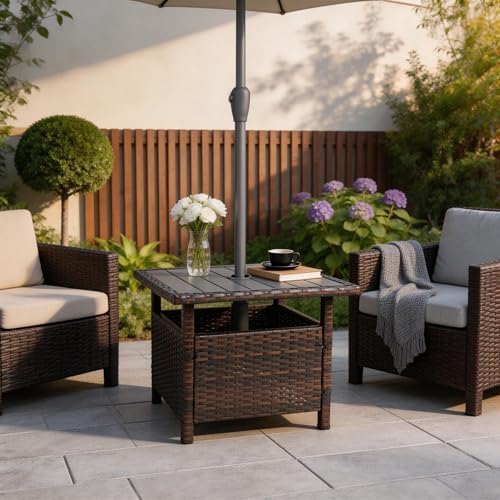 Sundale 22" Brown Wicker Patio Umbrella Side Table - Image 4
