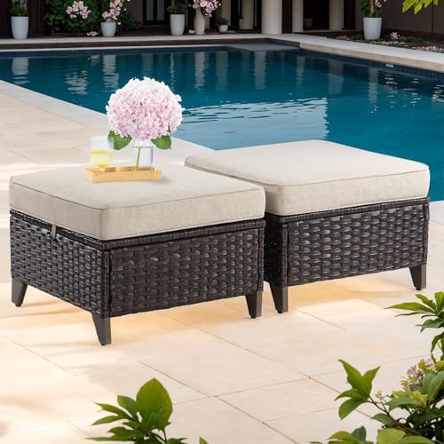 Patio Ottoman Set of 2, All Weather Outdoor Rattan Ottomans Patio Footstools by Joyside