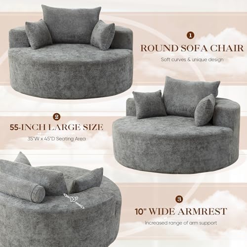 Oversized Round Chaise Longue Chair Indoor, Modern 55-inch Upholstered Waffle - Image 4