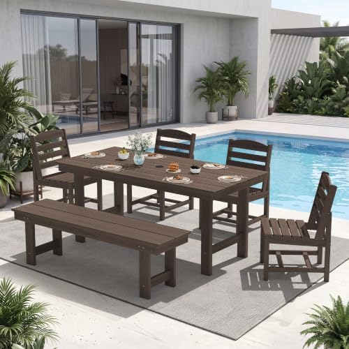 6-Piece Patio Dining Set, HDPE Table Bench and Armless Chairs Coffee by KINGYES