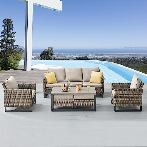 6 Piece Outdoor Furniture Patio Wicker Sofa Set, Oversize Outdoor Dining Chairs by Belord