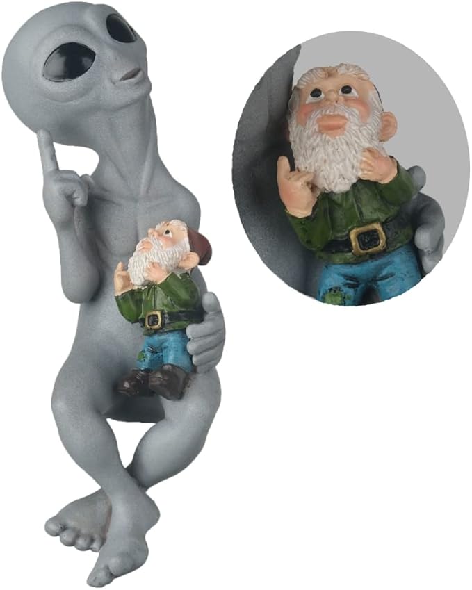 Andre' & Fritz Friendship “Origins” Alien and Gnome Garden Fence Sitter Statue | Poly-Resin 9" h x 3" w x 4" d Outdoor Décor (Origins - Fence Sitter)