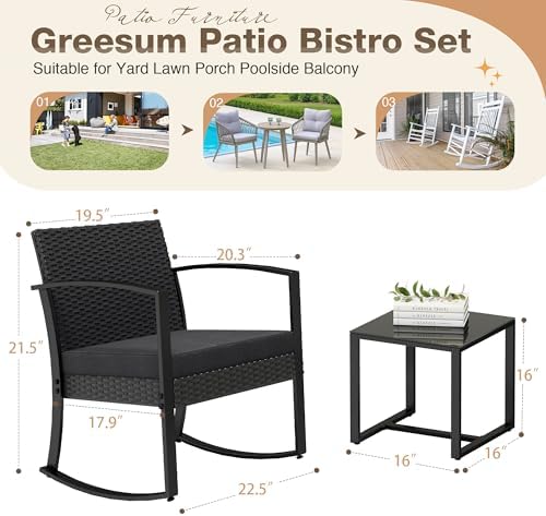 Greesum 3 Pieces Outdoor Furniture Set Patio Bistro Rocking Chairs - Image 7
