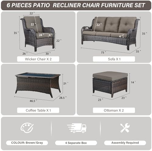 Patio Wicker Sofa Set 6 Pieces Patio Furniture Set Outdoor Couch, 2 Patio - Image 3