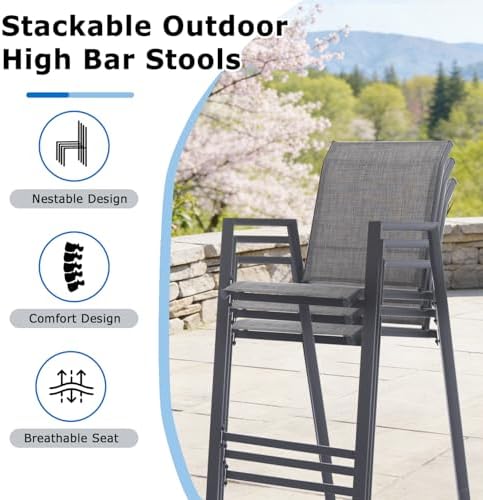 Outdoor Bar Stools Set of 6, Stackable Patio Bar Chairs, Bistro Chairs - Image 4