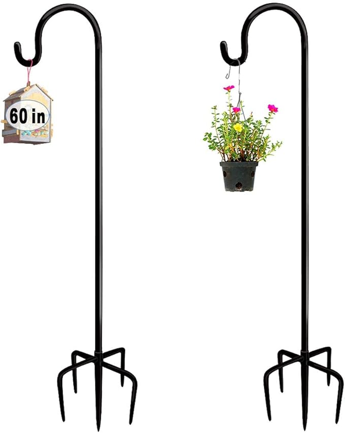 60 inch Outdoor Shepherd Hook with 5 Prong Base (2 Packs), Adjustable Heavy Duty Garden Hanging Stake for Bird Feeder Solar Light Plant Hanger Wedding Decor, Matte Black