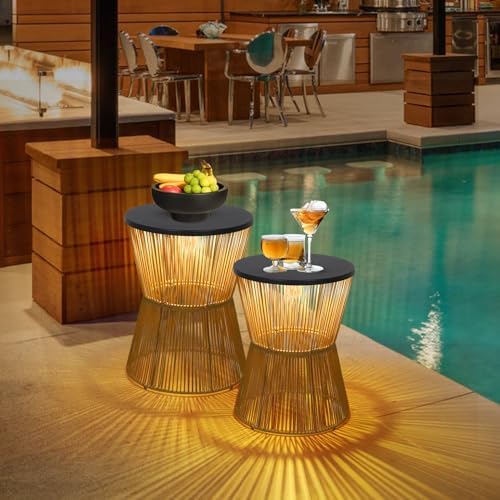 Solar Outdoor Side Table for Patio, Plastic Rattan End Table Set of 2 - Image 7