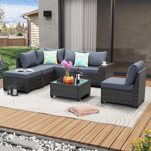 7 Pieces Patio Furniture Set All-Weather Outdoor Wicker Sectional Conversation by JOYURE