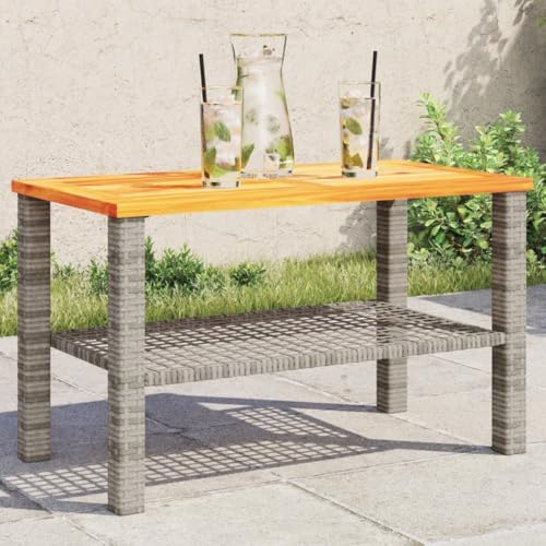 vidaXL Patio Table Gray 27.6"x15"x16.5" Poly Rattan Acacia Wood - Image 2