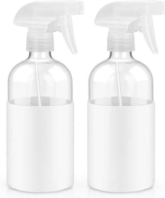 2 Pack Glass Spray Bottles with Silicone Sleeve, 16 oz Empty Refillable Containers with Adjustable Spray Nozzles, Spray Bottles for Hair, Cleaning Solutions and Plants White