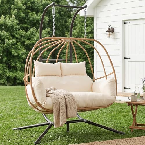 Hanging Chairs with Stand, All Weather Double Egg Chair Outdoor, Metal Hanging by DAYARUS