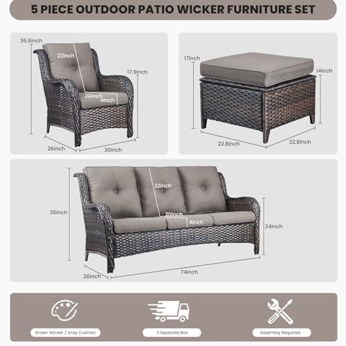 Belord Outdoor Wicker Furniture 5 Pieces Patio Furniture Sofa Set Patio Wicker - Image 2
