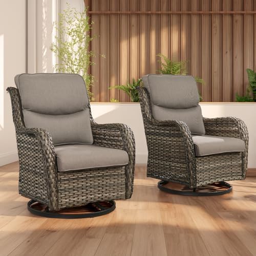 Outdoor Wicker Swivel Rocker Patio Chairs Set of 2, Cushion Smile Grey - Image 2