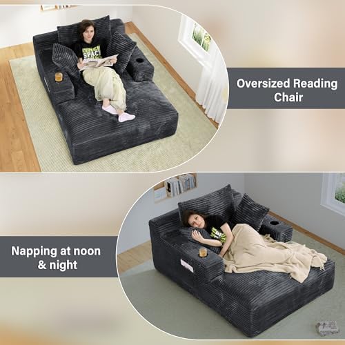 68" Oversized Boneless Chaise Lounge Chair Indoor, Cup Holders, Dark Grey - Image 6