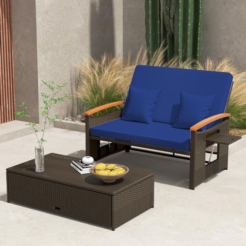 Tangkula Patio Rattan Daybed, Outdoor Wicker Loveseat, Mix Brown & Navy - Image 2