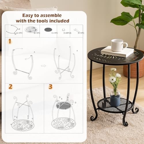 2-Tier Metal Round Side Table Set of Two Black Accent Coffee Tables Small Space - Image 5