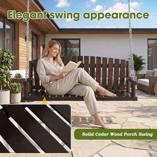 Grepatio 5FT Outdoor Wooden Porch Swing, 3 Person Patio Hanging Bench, Heavy - Image 3