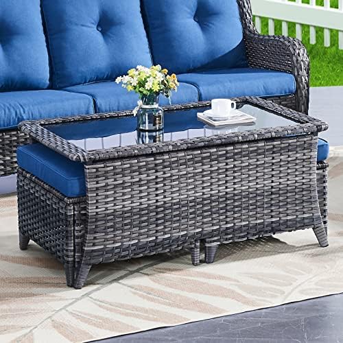 Patio Coffee Table Outdoor Rectangular Glass Table, Handwoven Rattan Patio - Image 3