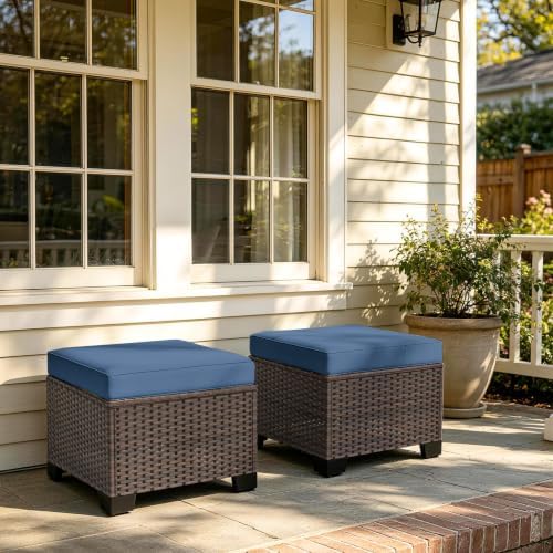 2 Pieces Wicker Ottomans, All Weather Rattan Patio Ottoman - Image 2