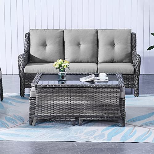 Patio Coffee Table Outdoor Rectangular Glass Table, Handwoven Rattan Patio - Image 4