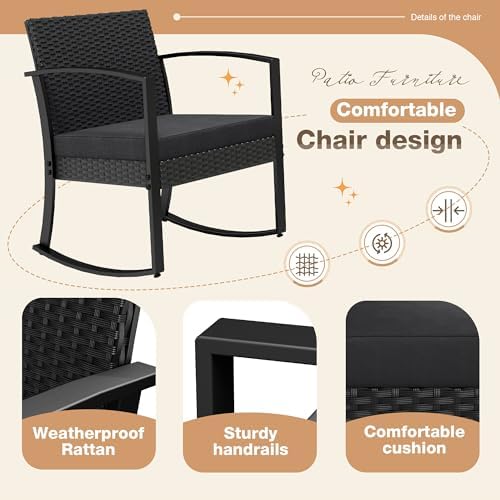 Greesum 3 Pieces Outdoor Furniture Set Patio Bistro Rocking Chairs - Image 3