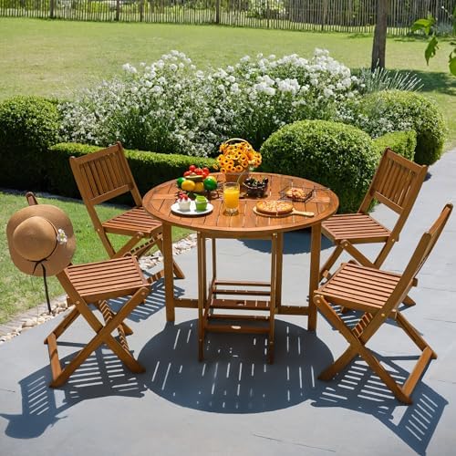 Devoko Acacia Wood Outdoor Patio Folding Table and Chairs Set - Image 6