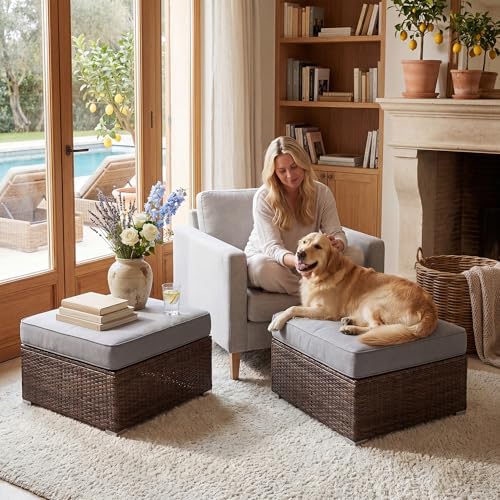 COSIEST 2 Piece All Weather Wicker Outdoor Ottoman Set, Patio Footstools - Image 6