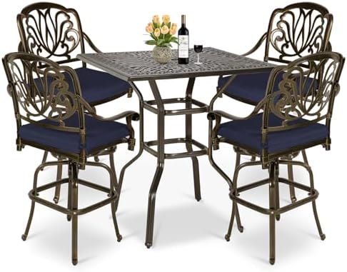 5-Piece Patio Swivel Bar Set, All-Weather Cast Aluminum Outdoor High Bar Stool by MEETWARM