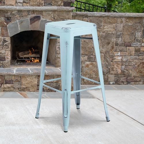 Flash Furniture 30 in Backless Metal Barstool, Distressed Green-Blue - Image 2