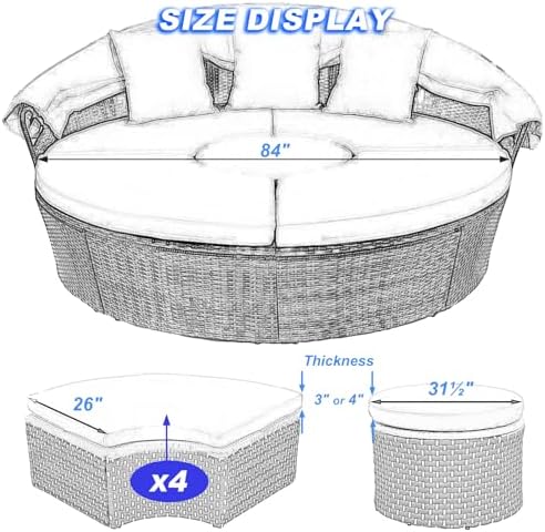 84" Outdoor Round Daybed Cover Replacement -5 Set- Wate Repellent & Fade - Image 2
