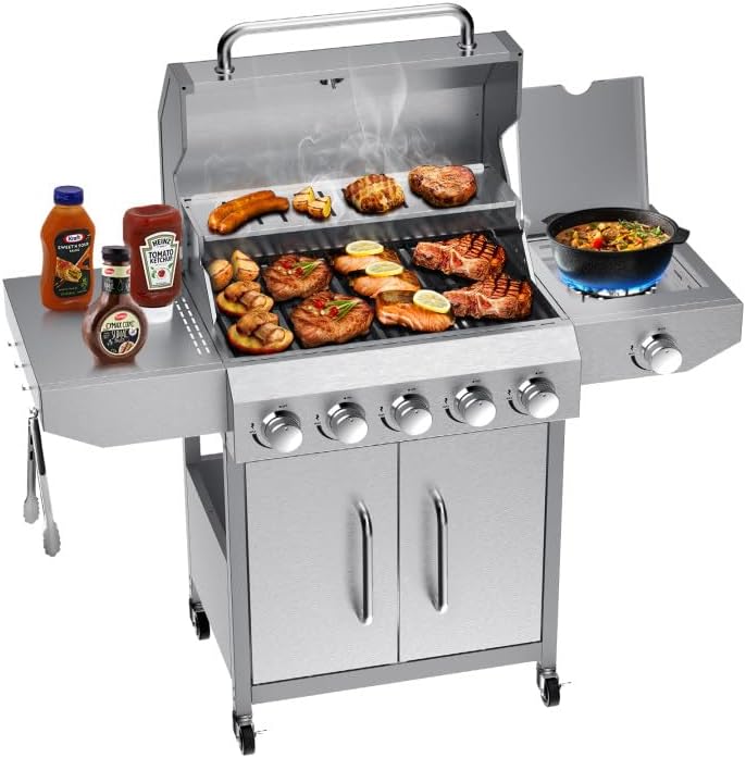 Bestfire 68,000 BTU 5 Burner Propane Gas Grill with Side Burner-Professional-Grade Stainless Steel Outdoor BBQ Grill-647 sq in Cooking Space&Porcelain Cast Iron Grrates-Patio Cart Design for Backyard