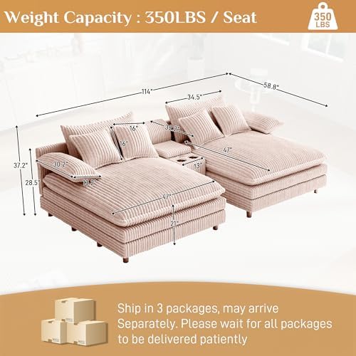 114" Oversized Double Chaise Lounge, Corduroy Sofa Bed - Image 2