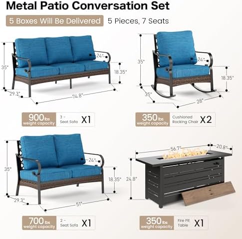 Metal Patio Furniture Set with Fire Pit Table, Peacock Blue - Image 2