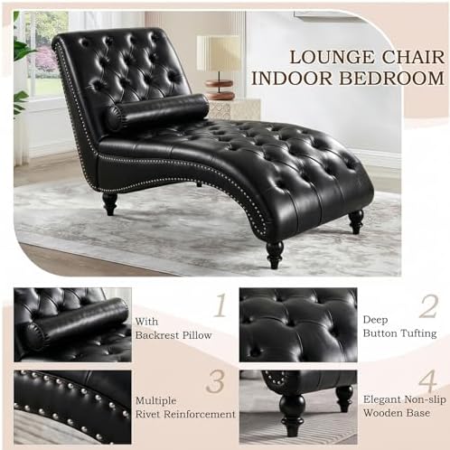 Faux Leather Chaise Lounge Chair Indoor, Modern Button Tufted Upholstered - Image 3