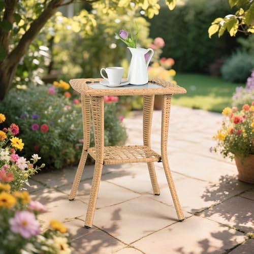 Wicker Rattan Side Table Patio Wicker Table, Outdoor Square Rattan Coffee Table - Image 2
