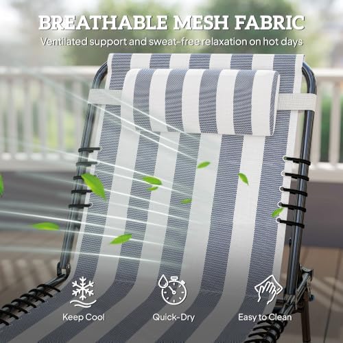 Outsunny Folding Chaise Lounge Chair Outdoor Set of 2 Mesh Seat Blue/White - Image 5