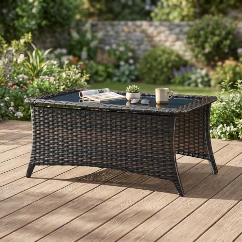 Outdoor Coffee Table with Tempered Glass Top, Patio Rectangular Brown Wicker by Belord