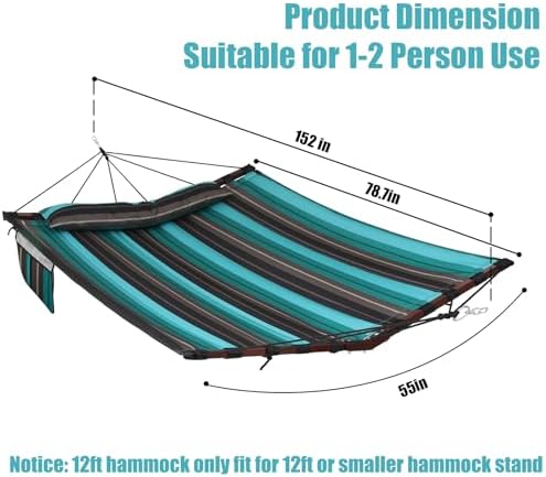 12FT 2 Person Hammock with V Shaped Spreader Bar -Teal Stripes - Image 6