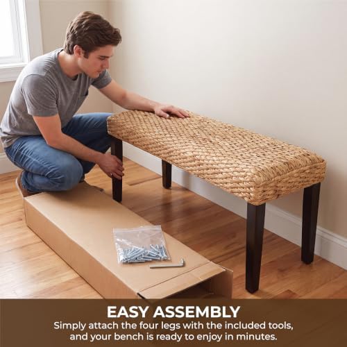 Solid Wood Acacia Indoor Bench, Water Hyacinth Seat, Plait Style - Image 6