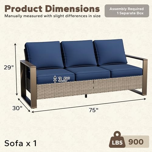 75" Patio Metal Wicker Sofa, All Weather Outdoor Rattan 3-Seat Sofa Couch - Image 2