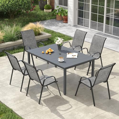 VICLLAX Patio Dining Set, 6 Grey Stackable Chairs & 63" Dark Grey Table by HOME