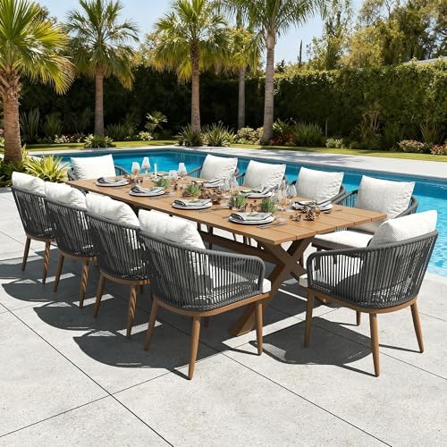 11 Pieces Outdoor Patio Dining Set, Aluminium Rectangular Dining Table and by LayinSun