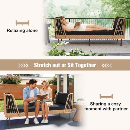 Tangkula Patio Rattan Daybed Set of 2, Wicker Lounge Sofa, Natural & Black - Image 6