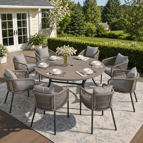 Patio Dining Set, 59.8" Round Table & Grey Cushioned Wicker Chairs by ProvideOutdoorSolutions