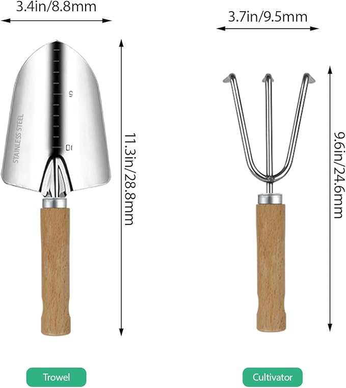 LeMotech Garden Tool Set, 2Pcs Gardening Hand Tools, Stainless Steel Trowel and Cultivator with Handle, Outdoor Gardening Kit for Women Men