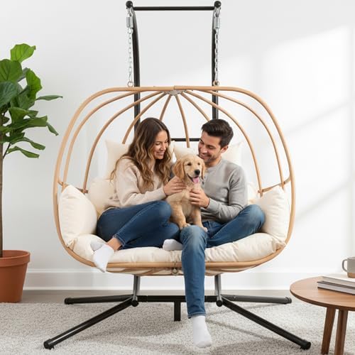 Hanging Chairs with Stand, All Weather Double Egg Chair Outdoor, Metal Hanging - Image 6