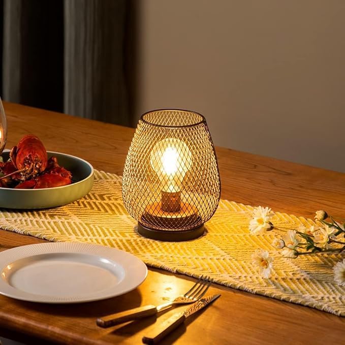 DECORKEY Set of 6 Battery Operated Lamp LED Table Lantern, Brown Metal Cage Cordless Lamps with LED Bulb，Vintage Decorative Outdoor Lantern for Weddings, Parties, Patio, Events for Indoors Shelf Decor